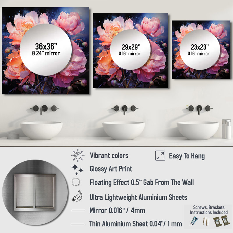 Pink Peonies Serenade III - Floral Square Mirror Wall Decor For Bedroom, 23" x 23"