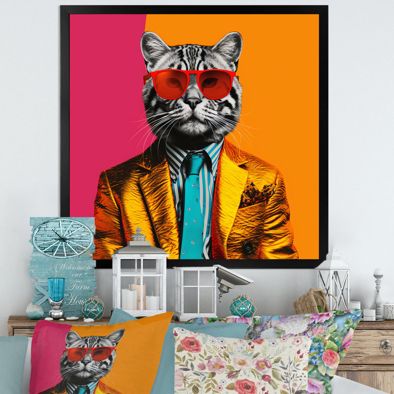 Popart, chat emblématique en costume I - art mural chat, H 16 po x l 16 po x P 1 po, Cadre simple noir