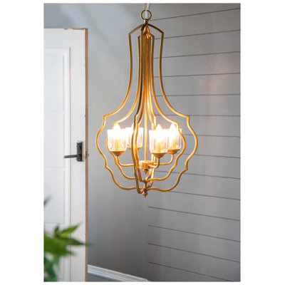4-Light Gold Iron Chandelier with Open Frame Design (19.5" W x 35" H), Adjustable Hanging Light Fixture for Dining Room and Entryway