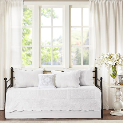 6 Piece Daybed Cover - Reversible White Scalloped Edge, For A Relaxing Experience, Twin Mattress Fit, Includes Cover, , Shams, Pillow With Sophistication, Size,