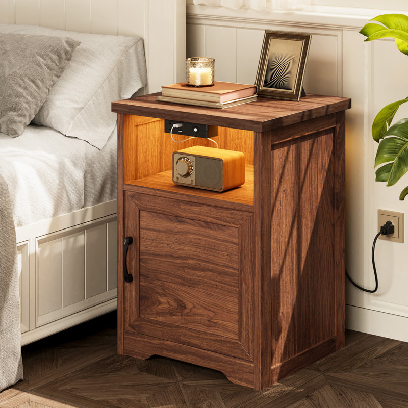 Farmhouse Nightstands With Large Open Shelf, Bedside Table With Enclosed Cabinet,tall Side Table With Built-in Power Outlets& Led Lighting， Rustic End Side Table With Durable Wood Construction(set Of 2)