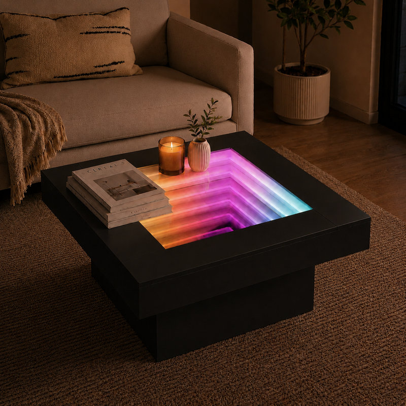 Table basse Infinity Mirror Light, Noir, H 15 po x L 31,5 po x l 31,5 po, Noir