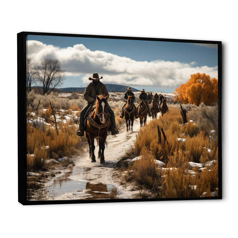 «Western Cattle Drive Memories» sur toile, Cadre flottant noir, H 30 po x l 40 po x P 1,5 po