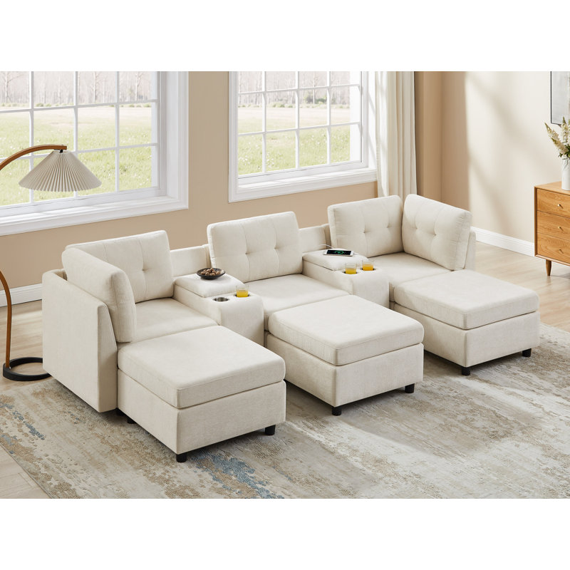 Canapé modulaire en chenille avec console de rangement Chenille, Polyester beige