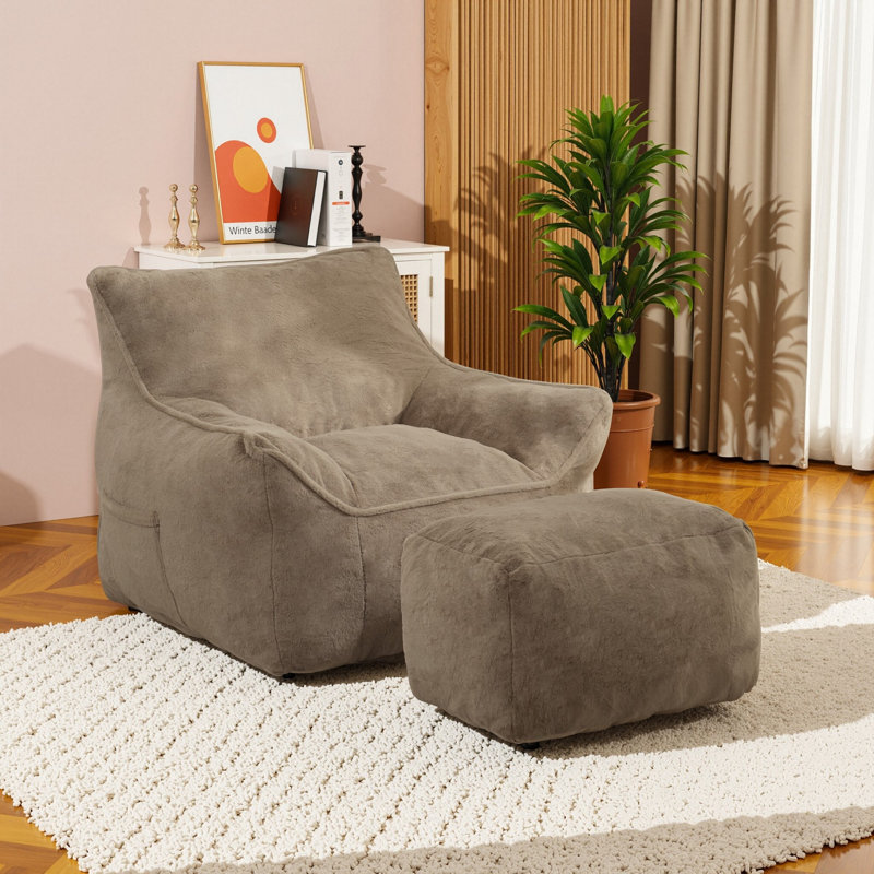 Compression Large Faux Fur Memory Foam Filled Bean Bag Chair For Adults And Kids, Light Coffee Faux Fur