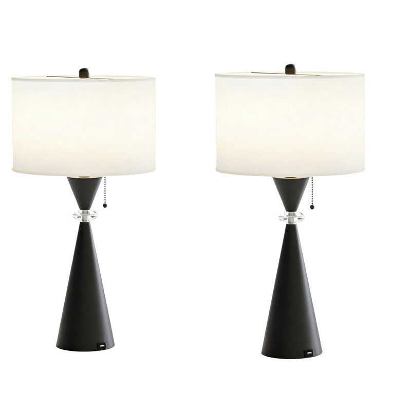 Ensemble de 28 lampes de chevet modernes 28 pouces avec base en forme de sablier en métal noir et abat-jour tambour en lin blanc avec chaînette de port USB intégrée E26 douille pour tables de bout de salon