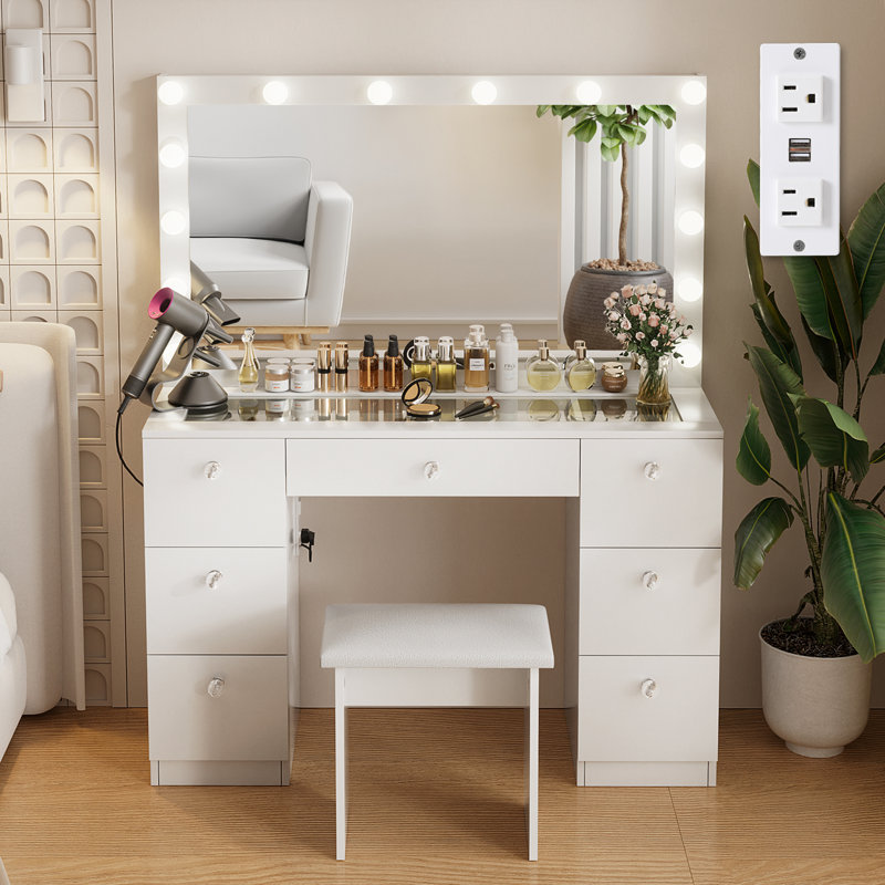 Greyden Makeup Vanity Set with Glass Table and Charging Station, Vanity Table with Lighted Mirror and 7 Drawers, Stool Included, for Bedroom