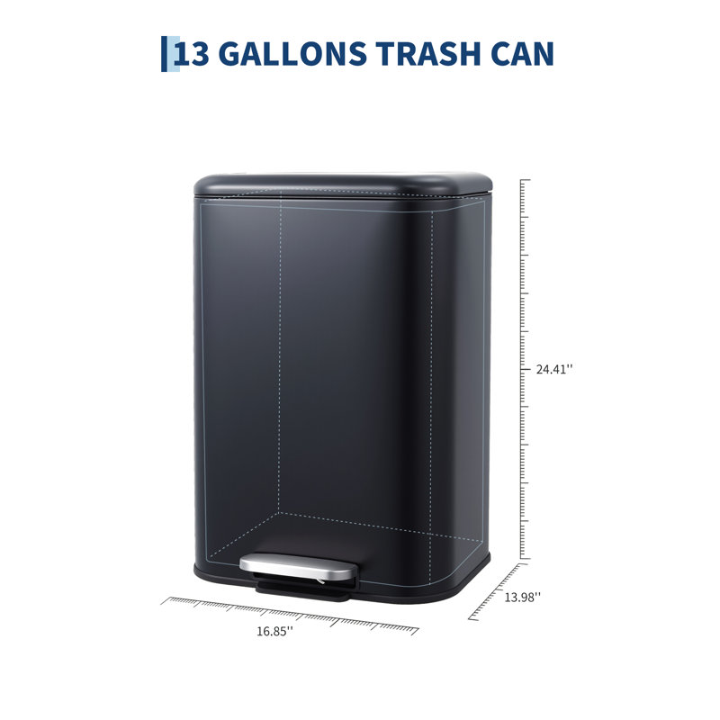 Poubelle de cuisine noire en acier inoxydable - 50 L / 13 gallons, couvercle à fermeture douce, seau intérieur amovible, pédale mains libres, bac de recyclage rectangulaire, empreinte digitale, 42,8 x 35,5 x 62 cm