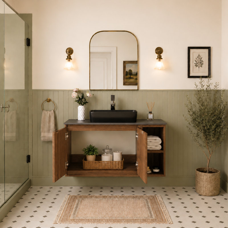 Meuble-lavabo mural simple, meuble-lavabo flottant simple avec comptoir en pierre frittée, Brun, 30", Brun