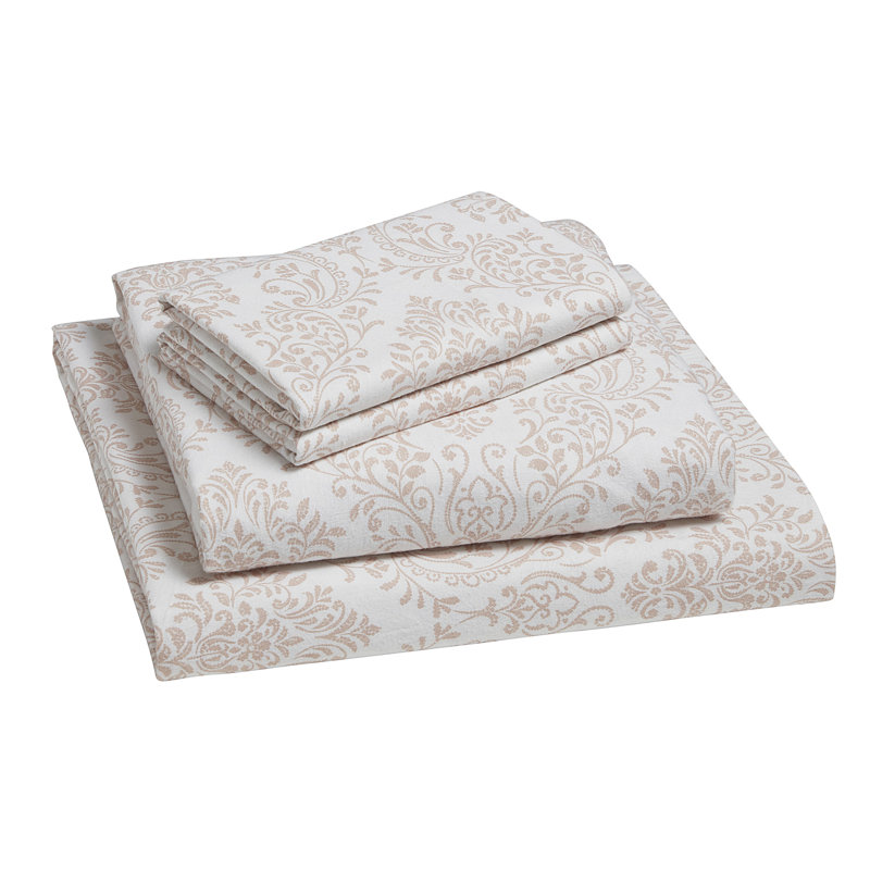 Damask Triple Brushed Cotton Flannel Bed Sheet Set, Twin Sheet Set with Fitted Sheet and 1 Pillowcase, Blush