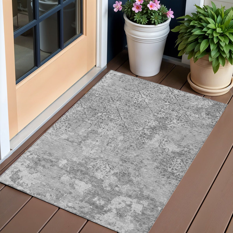 3' X 5' Gray Charcoal And Silver Floral Washable Indoor Outdoor Area Rug