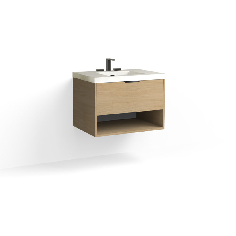 Modo 30" W Wall Mounted Single Bathroom Vanity, Glossy White/Single, Satin Brass, Nocino