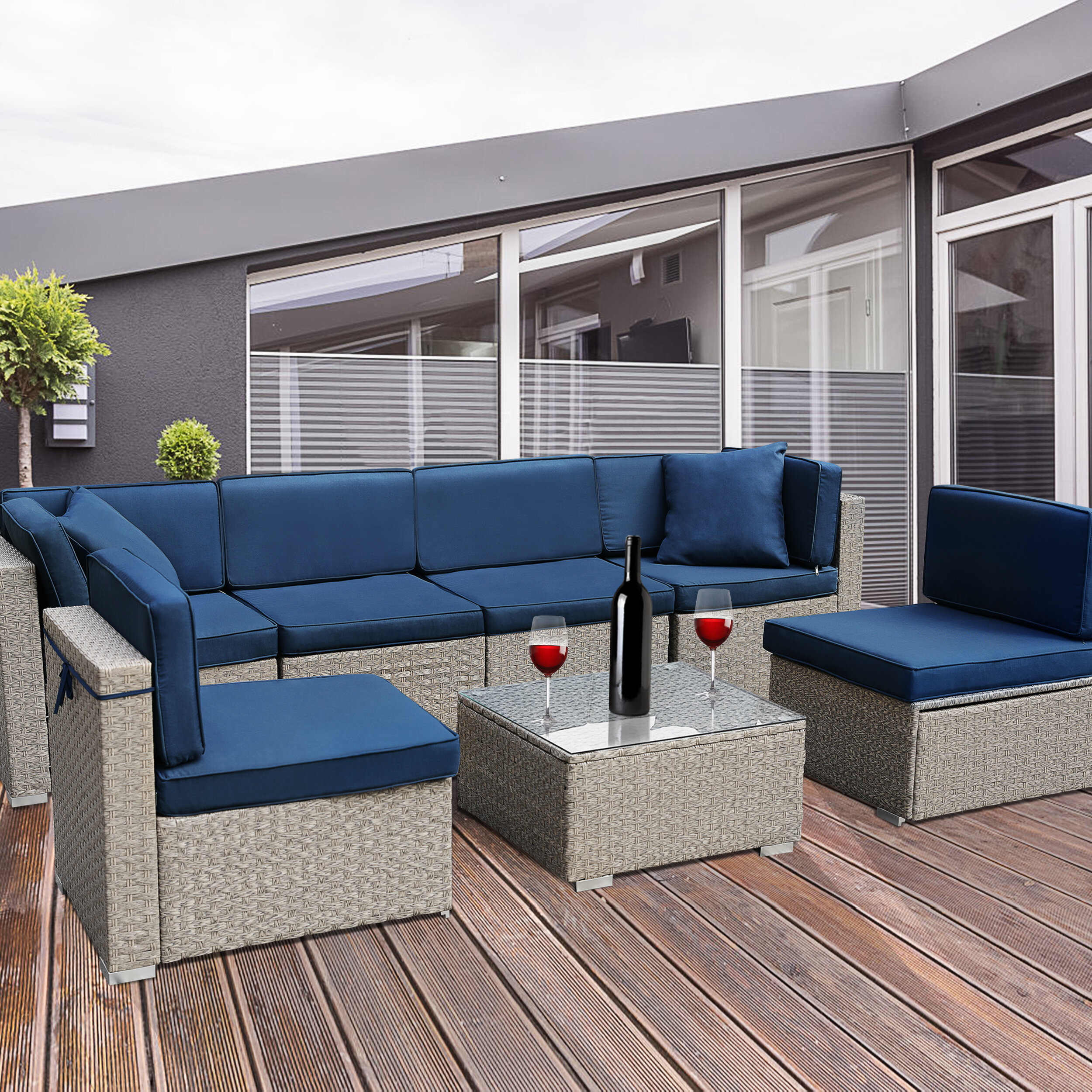 Leisure 7 Piece Rattan Sectional Seating Group with Cushions Latitude Run Cushion Color: Light Blue