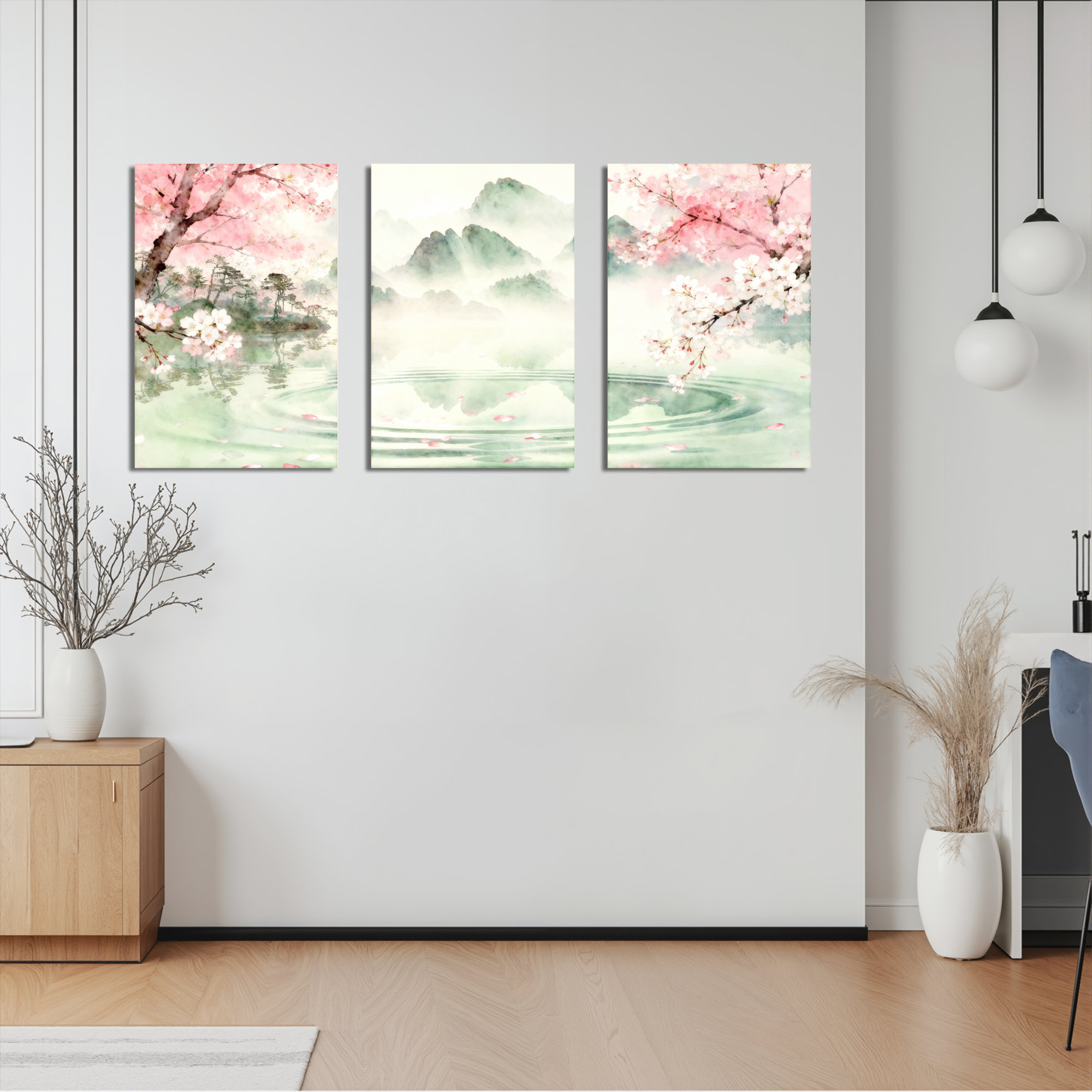 Millwood Pines Cherry Blossom and Misty Mountains Landscape Canvas ...