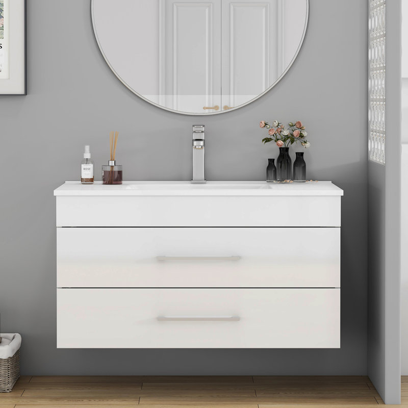 Meuble-lavabo mural blanc brillant 36 po avec tiroirs doubles, système de fermeture en douceur, lavabo en céramique, longue poignée en métal, installation facile, blanc brillant