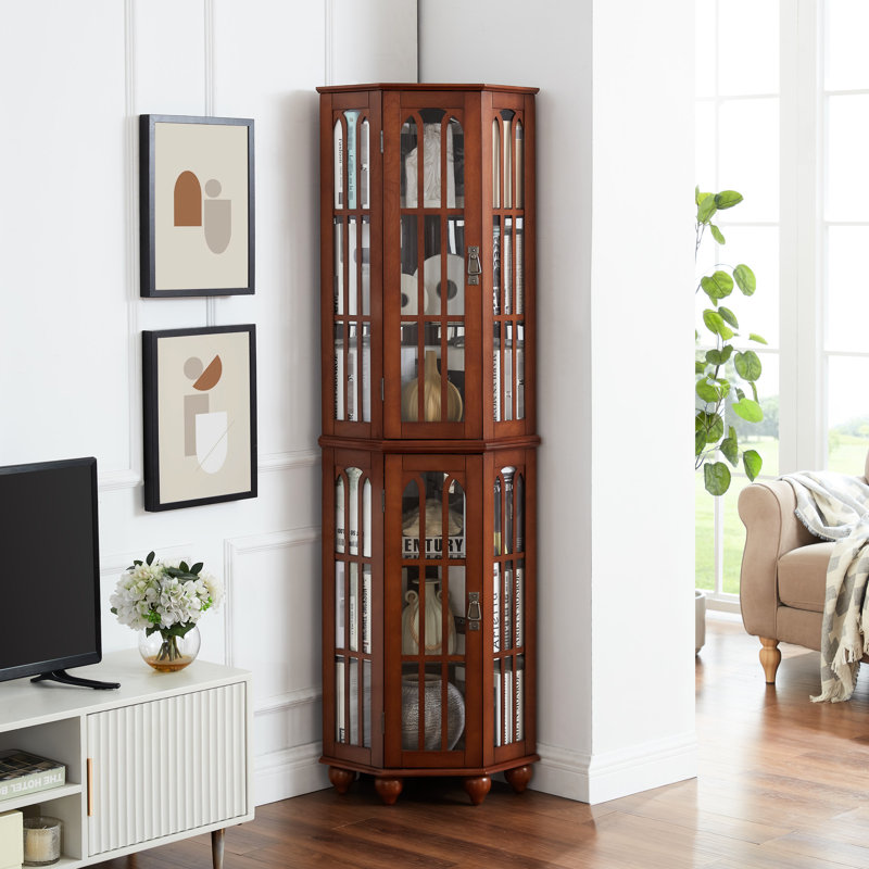 22.24"D Corner Curio Cabinet With 4 Adjustable Tempered Glass Shelves And Solid Wood Legs 16.77"D Lighting,, Walnut