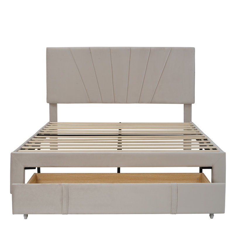 Grand lit plateforme tapissier en velours avec grand tiroir et rangement - Beige