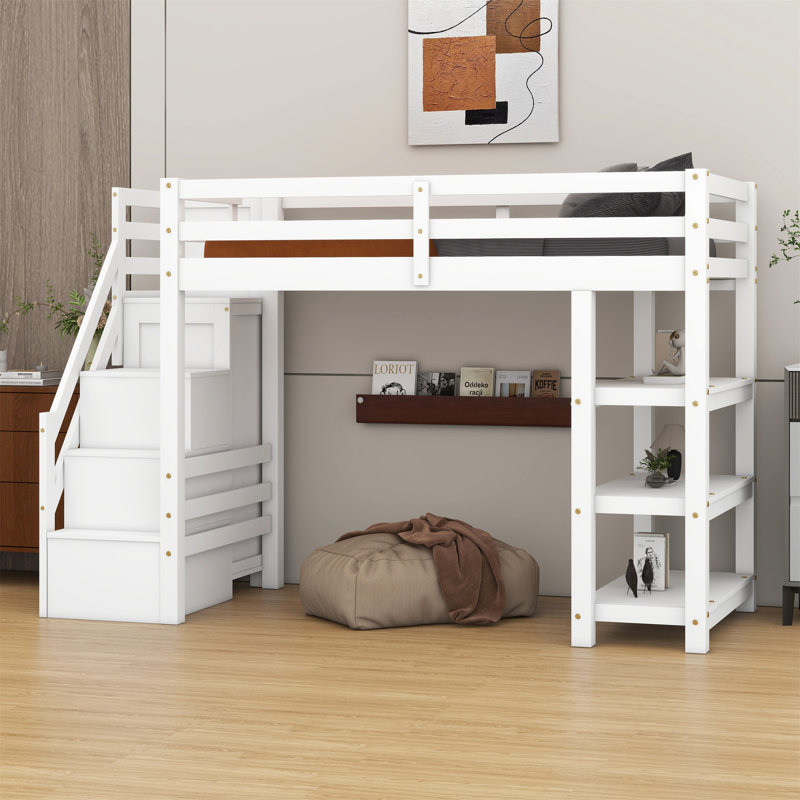 Lit mezzanine avec tablettes, escalier de rangement, petite armoire et lumière DEL blanche, Simple