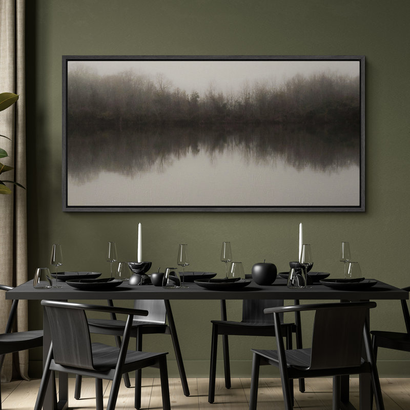 «Misty Lake Serene Landscape», art moderne, H 30 po x l 60 po, Noir, noir, noir, noir