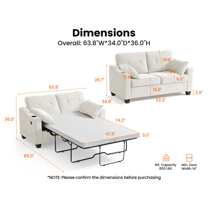 Divan-lit double escamotable, canapé convertible 2-en-1 en chenille avec charge USB, Chenille beige