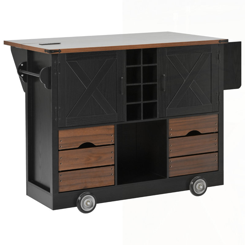 Farmhouse Kitchen Island With Drop Leaf, Power Outlet, And Spacious Storage For Enhanced Functionality And Style In Any Kitchen Or Dining Room.