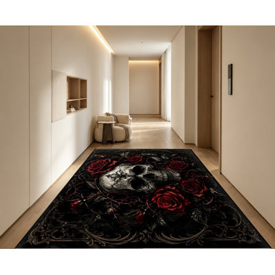 Tapis gothique rose gothique, rose gothique noir rouge avec motif de crâne éparpillé, artistique dramatique, lavable à la machine, envers antidérapant, élégant tapis d'intérieur pour le salon, la chambre à coucher, l'entrée, la cuisine, le balcon, appartement