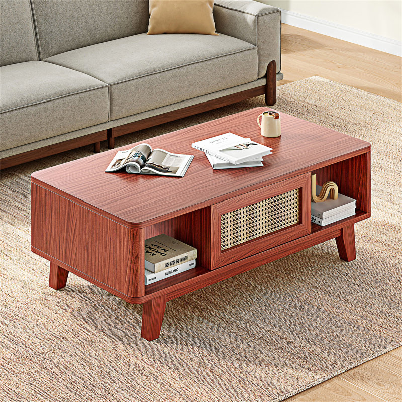 Table basse en bois avec tiroir et tablette, Cerisier