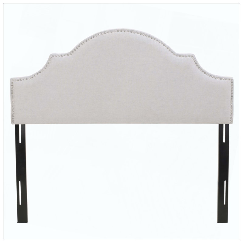 Upholstered Headboard With Durable Metal Legs Adjustable Height And Nailhead Trim For Bedroom, Light Gray