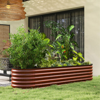 Ensemble de jardin surélevé galvanisé 8 pi x 2 pi 1,4 pi, pot à fleurs extérieur en métal avec bordure, bricolage facile pour les fleurs, les herbes et les légumes, ensemble surélevé brun de 1,4 pi, bordure, croissance considérable