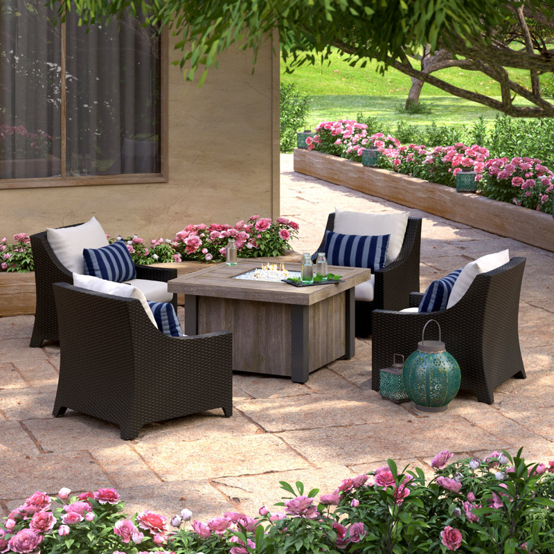 Deco 5 Piece Fire Pit Set with Cushions, Centered Ink Stripe Sunbrella®
