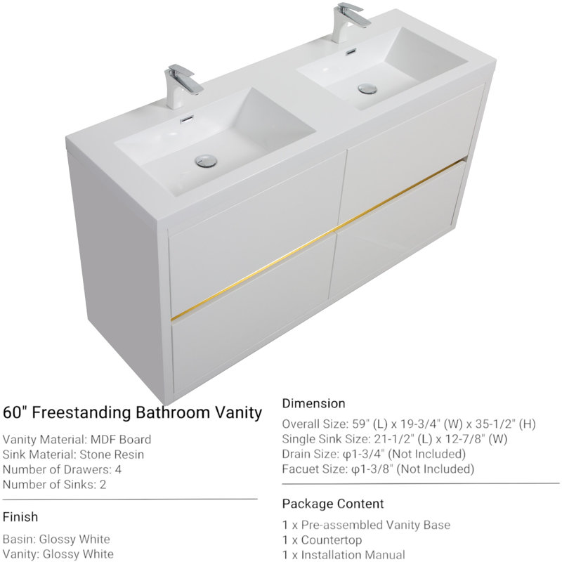 Meuble-lavabo double autoportant 60 po avec plateau en résine Beira, Blanc lustré