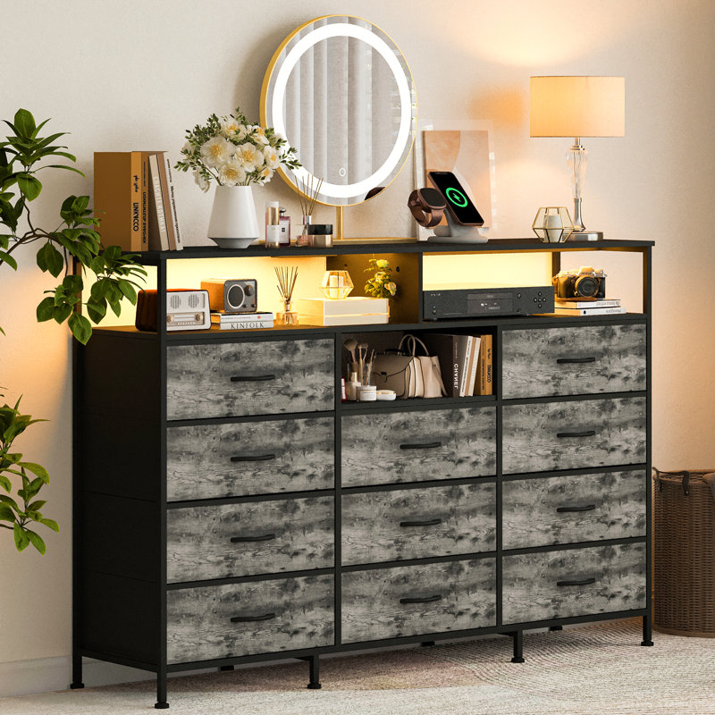 Commode en tissu avec 11 tiroirs, meuble télé avec station de charge et lumières DEL