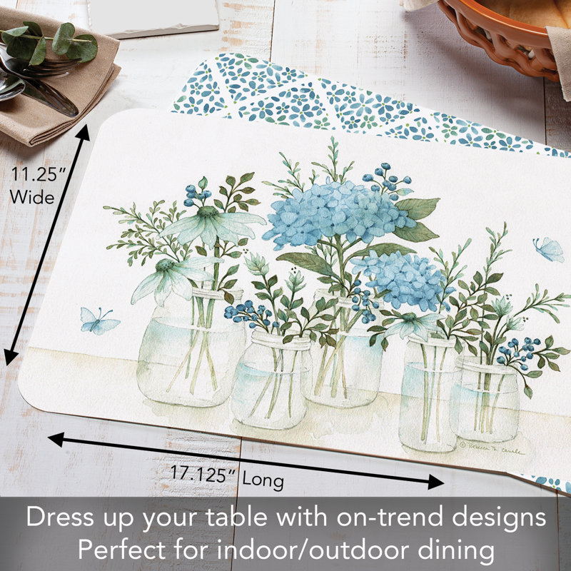 CounterArt Mason Jars & Florals 4 Piece Reversible Easy Care Placemat Set
