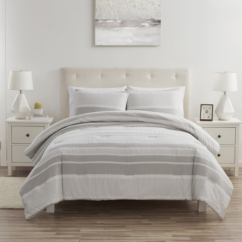 Ensemble d'édredon en coton tissé à rayures 3 pièces Ella, Édredon double / grand + 2 taies décoratives sta, Gris anthracite