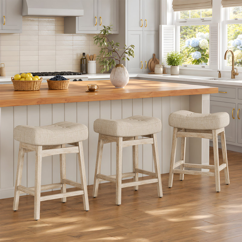 Tabouret de bar rembourré en forme de selle avec cadre en bois massif (ensemble de 3), Lin beige / bois, 3