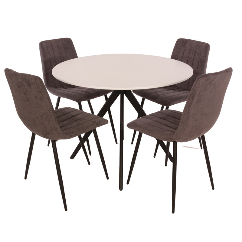 Huetter aspen 1000mm oak foiled round table & 4 fabric chair Set, White, Grey