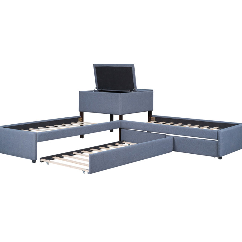Lit superposé en forme de L avec lit gigogne, bureau et support pour plante, simple, gris