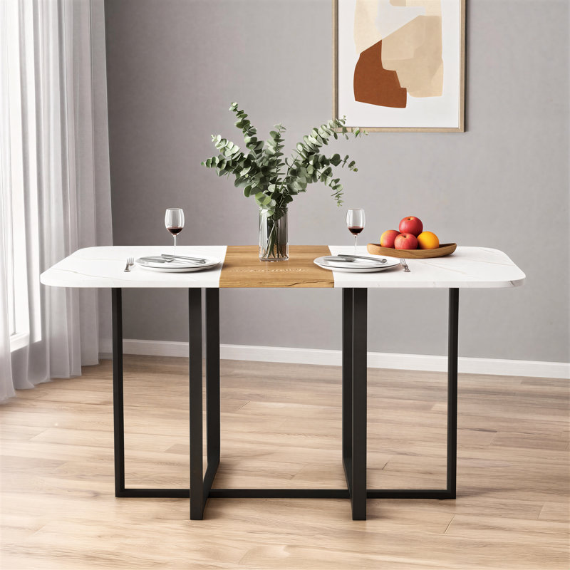 Modern 4-6 Person Dining Table, Marble-Look Wood-Grain Tabletop, Black Metal Frame, Suitable For Both Kitchen And Dining Room Use.