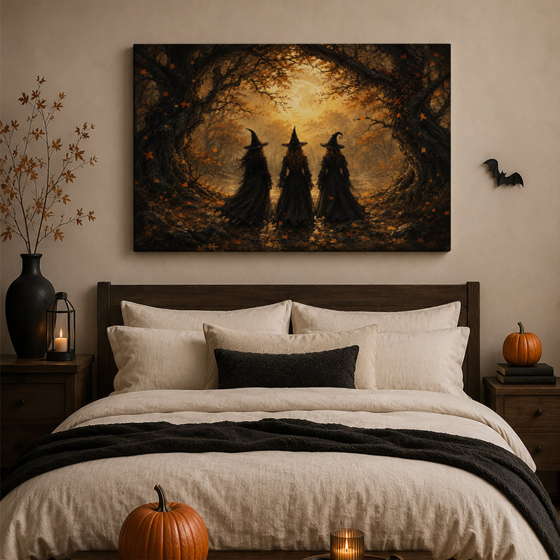 «Three Witches in Golden Autumn Forest Under Full Halloween», art mural, H 24 po x l 36 po