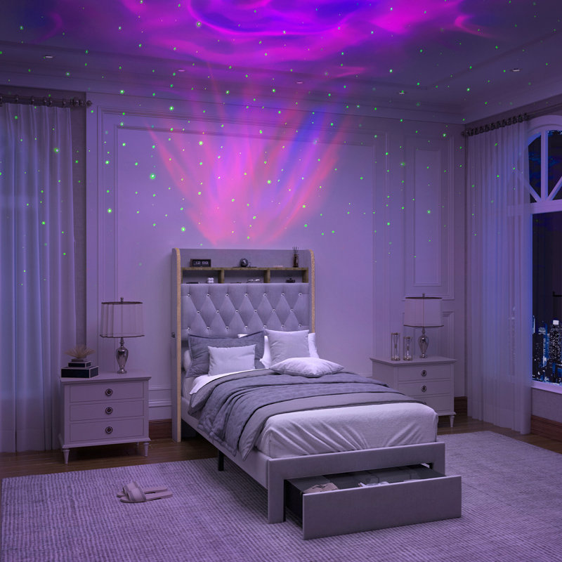 Wingback Upholstered Bed Frame with Galaxy Star Projector Speaker USB, Drawers and Storage Headboard, Gray, Twin