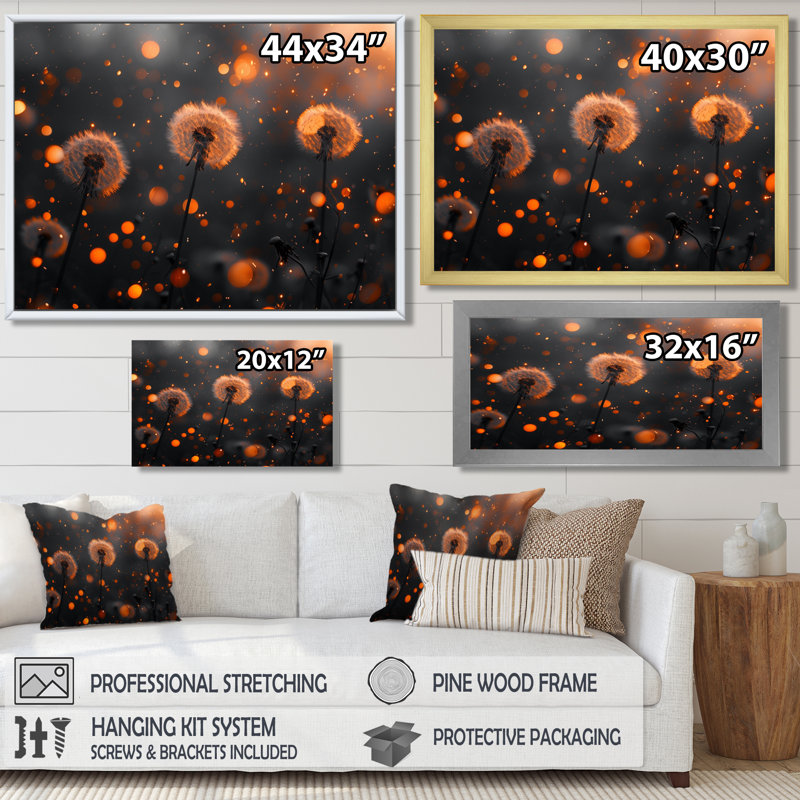 Orange doré, heure dorée, pissenlit, art mural de salon, pissenlit, Cadre simple noir, H 12 po x l 20 po x P 1 po