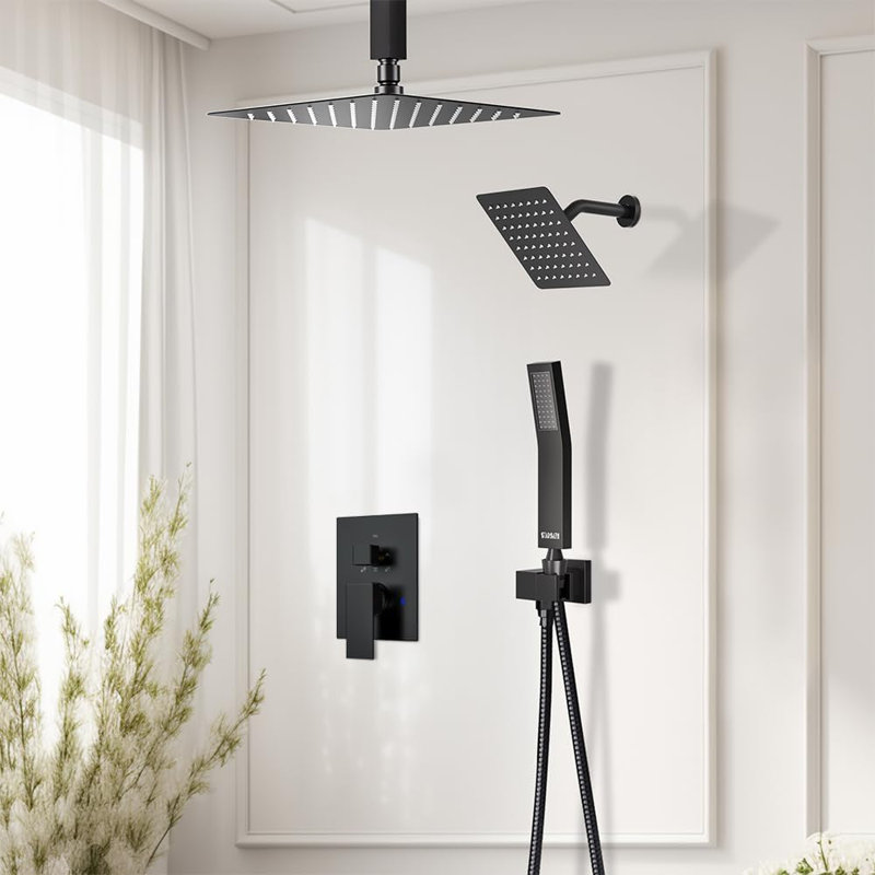 Shower Faucet Set Black 12+6" Dual Rain Shower Head with Handheld Spray System