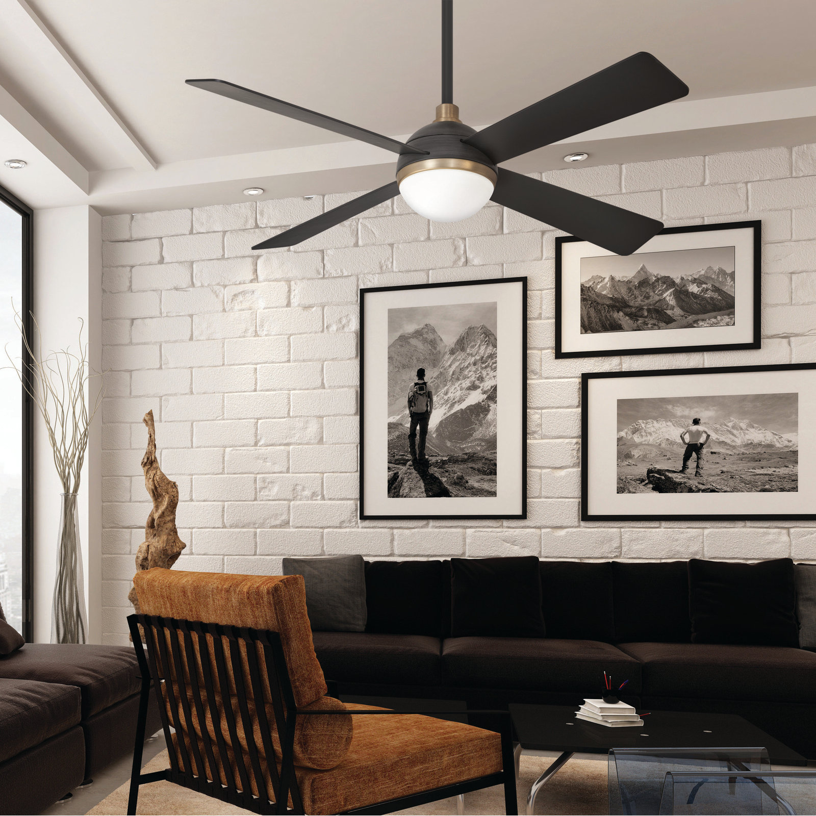 54" Ceiling Fan with LED Light Kit, Soft Brass with Brushed Carbon Blades