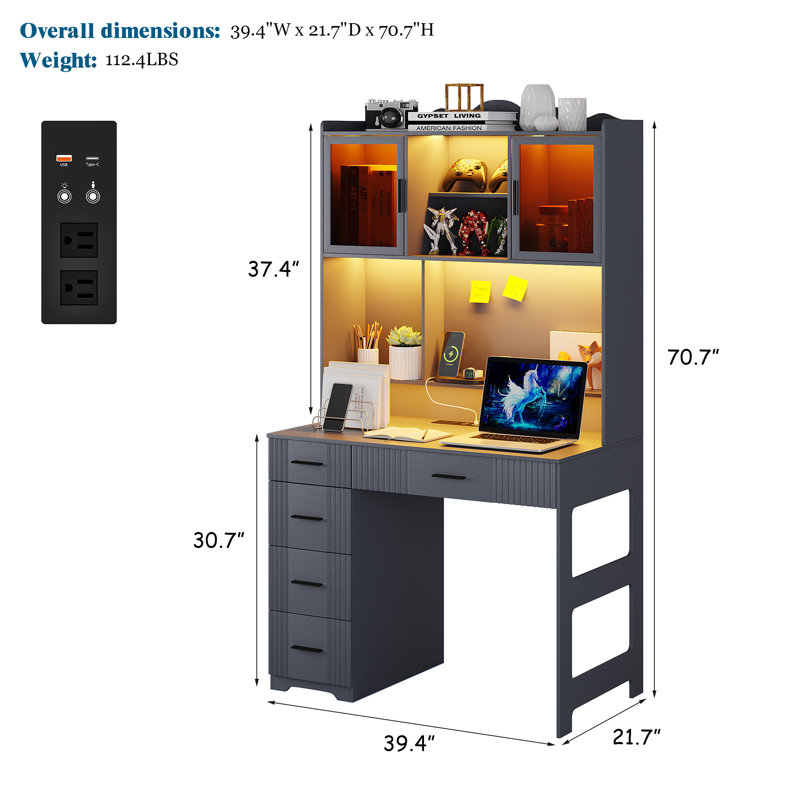 Bureau d'ordinateur avec huche et éclairage DEL, gris
