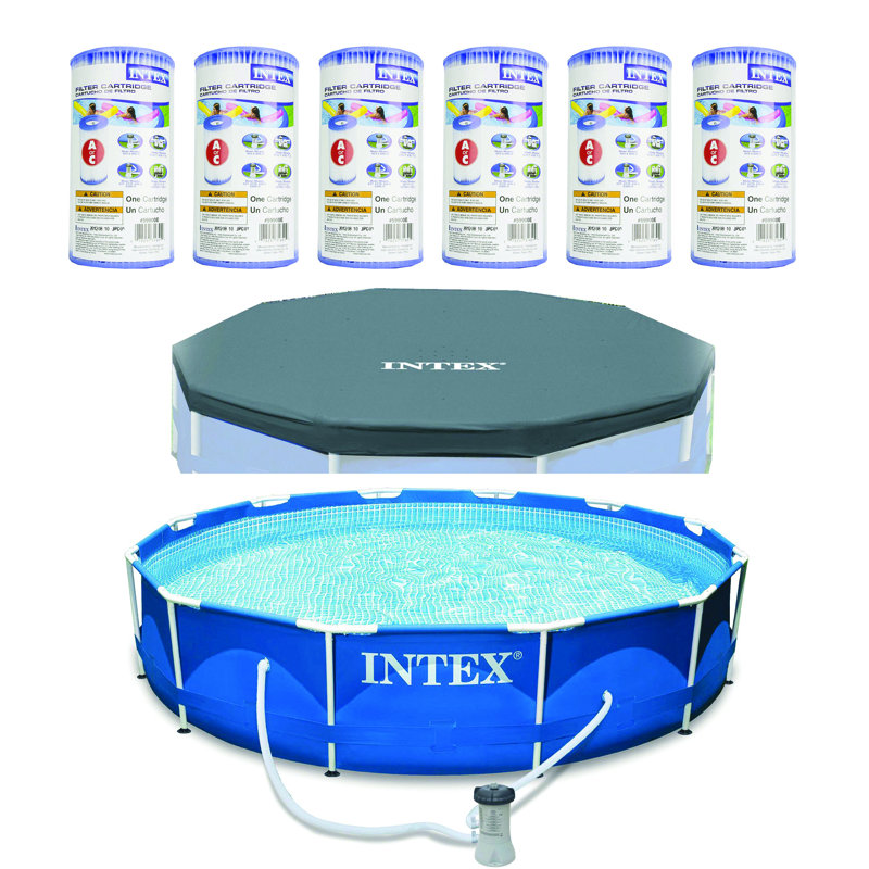 Metal Frame Above Ground Swimming Pool w/Pump, Filter Cartridge(6 Pack)& Cover