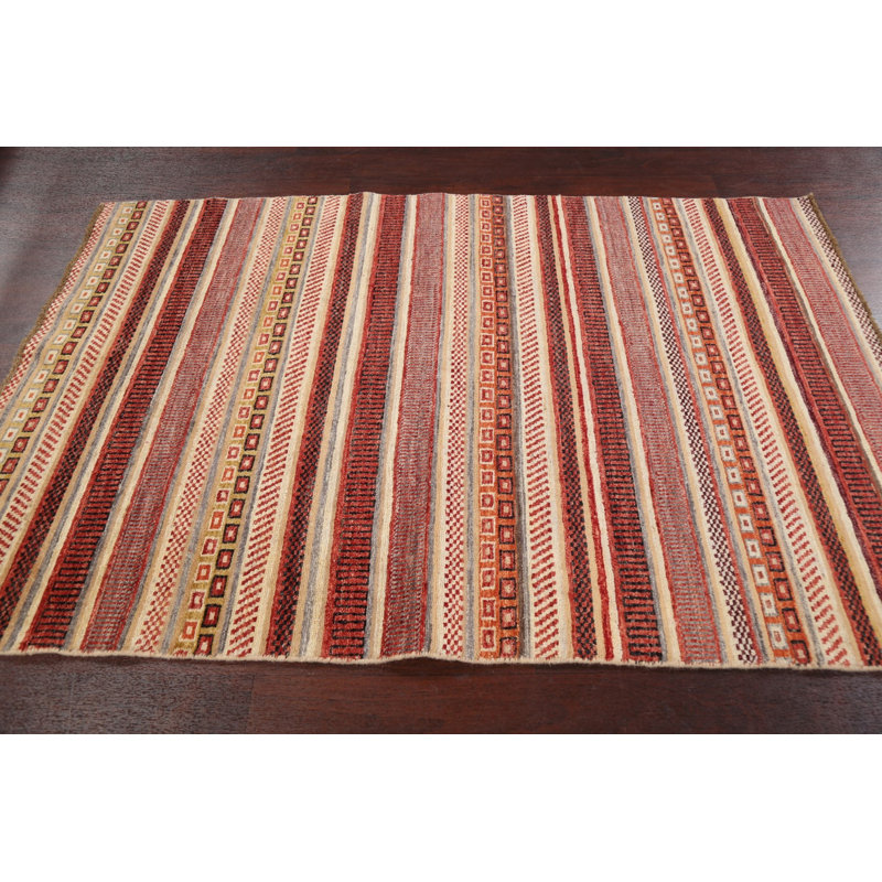 Tapis rouge / beige en laine noué à la main de conception unique 4 pi 2 po x 6 pi 2 po New Age
