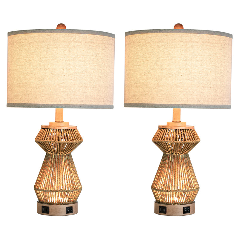 24'' Boho Handwoven Rope Table Lamp Set of 2 with Night Light and Dual USB A+C Charging Ports