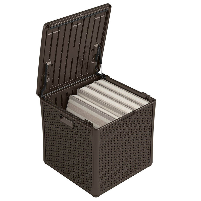 Suncast 60 Gallon Resin Wicker Design Cube Shape Storage Deck Box, Java