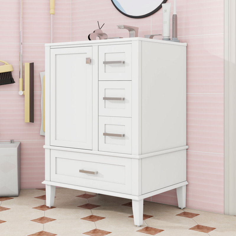 Meuble-lavabo autoportant contemporain avec lavabo en céramique, porte à fermeture en douceur et grand espace de rangement
