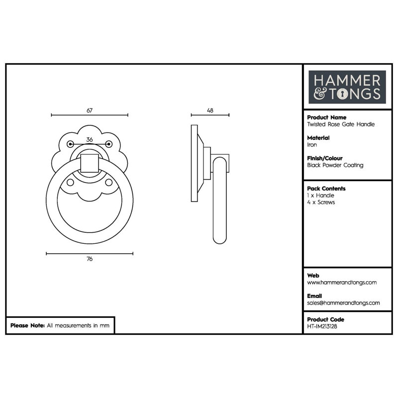 Hammer & Tongs - Twisted Rose Gate Handle - W75mm - Black